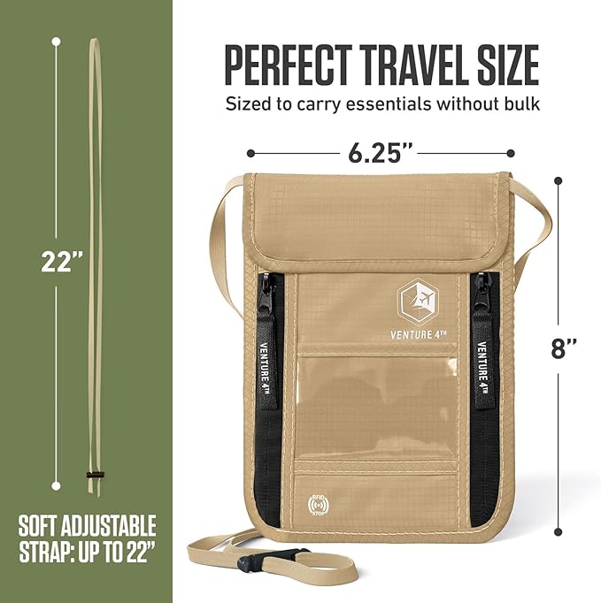 VENTURE 4TH Travel Neck Wallet, RFID Blocking Passport Holder - Beige