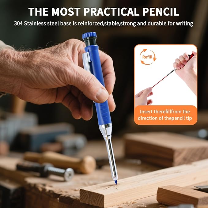 4 Pack Carpenter Pencil with Sharpener, Mechanical Pencils Set with 28 Refills, Construction Pencil Heavy Duty Woodworking Pencils (Red, Black, Yellow, Blue) Deep Hole Long Nib Marker Pens