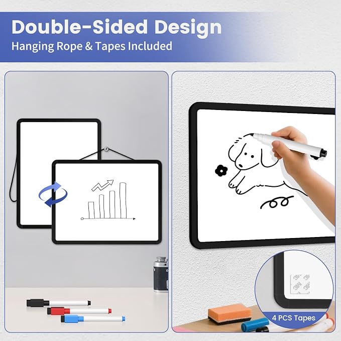 Small Wall White Board, 11" x 14" Mini Double-Sided Magnetic Dry Erase Board with Plastic Frame, Hanging Whiteboard with 5 Markers for Kids Students School Kitchen Home & Office, Black