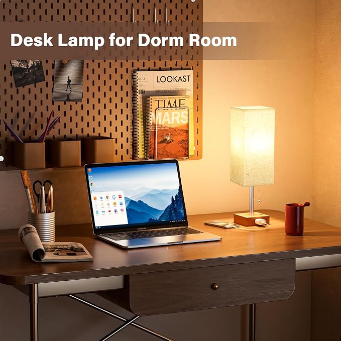 Bedside Lamp for Bedroom Set of 2 - Small Table Lamp for Nightstand | AC Outlet, 3 Color Temperatures, LED Bulb Included, Pull Chain Design, 14" Rectangular Desk Lamp for Dorm/Office, 2-Pack