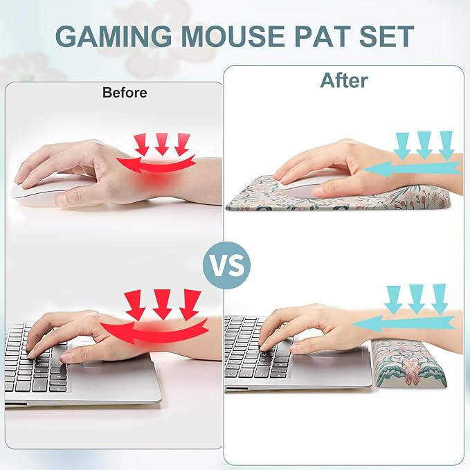 iCasso Mouse Pad with Wrist Rest, Ergonomic Large Desk Mat Set, Pink | Keyboard Pad with Wrist Support, Non-Slip Mouse Mat for Women, Cute Floral Computer Mat for Home Office Gaming