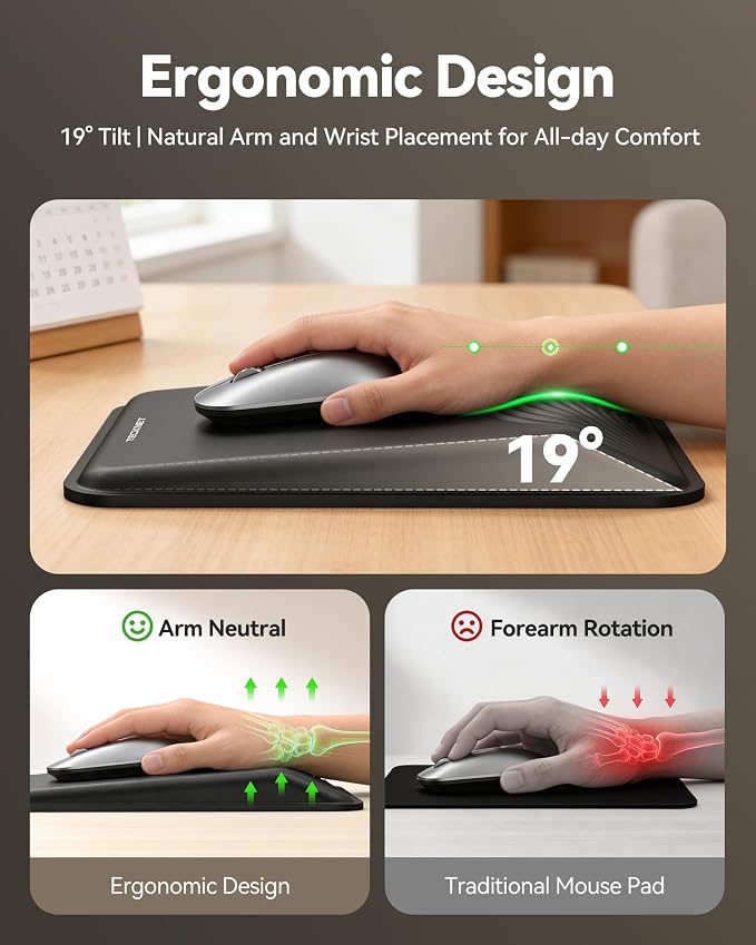 TECKNET Ergonomic Mouse Pad with Wrist Rest, Comfortable Relieves Pain | Built-in Memory Foam and Ergonomic Slope Design Relieves Carpal Tunnel Syndrome Pain, Mousepad for Office Gaming