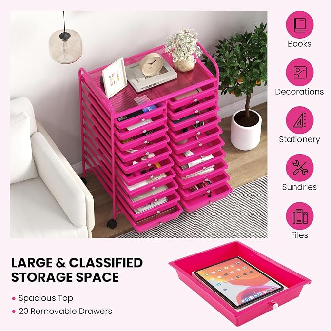 COSTWAY 20-Drawer Rolling Storage Cart, Utility Storage Organizer Cart | For Tools, Scrapbook, Paper, Craft, Multipurpose Storage Trolley on Wheels for Home Office School (Hot Pink)