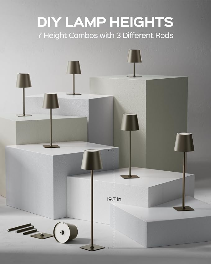 JACKYLED Cordless Lamp DIY Height, 3 Color Stepless Dimming, 5000 Capacity Operated Lamp Portable Rechargeable for Bedroom Dinning Kitchen, Golden Bronze, 2 Pack
