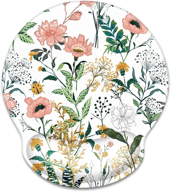 WAVEYU Ergonomic Mouse Pad with Wrist Support, Decorative Mouse Mat, Non-Slip Rubber Base Mousepad for Desk Laptop Gaming Working Computers Easy Typing & Pain Relief, 9''x 10'', White Flower