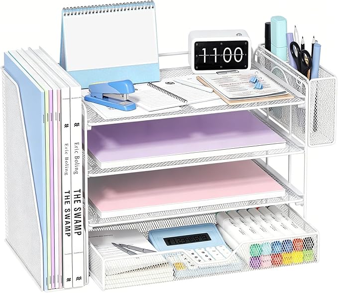 Desk Organizers and Accessories, 4-Tier Desktop File Organizer with Drawer and Pen Holders, Office Desk Accessories Workspace Organizers for Office Supplies (Soft White)