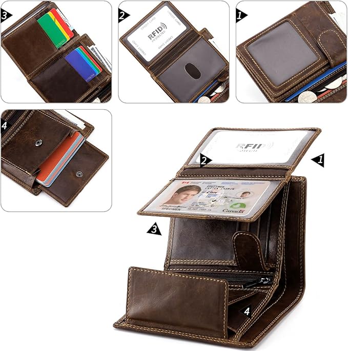Trifold Billfold RFID Blocking Cowhide Leather Wallet for Men 10 Card Slots 2 ID Windows with Coin Pocket