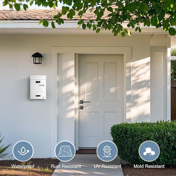 KINGCEPHAS Wall-Mounted Mailbox with Combination Lock,Small Capacity Mail Box for House, Waterproof Postbox,Mailboxes for Outside, 8.5” x 3” x 12.4” (White)