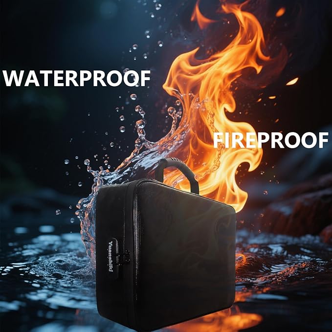 Yuanshikj Portable Fireproof Waterproof Document Organizer with Lock,Black | 3 digit Code,15.1"x11.2"x4.3",Heat Insulated Fire＆Water-Resistant Box 13 Layers File, Home Travel Safe Storage for Important