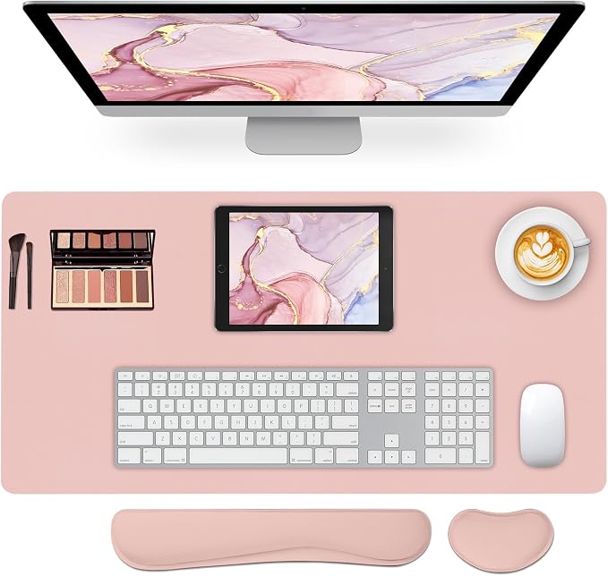 Desk Mat Set,3-in-1 Mouse Pad with Wrist Rest and Keyboard Pad | 31.5" x 15.7" Ergonomic Keyboard and Mouse Pad Set, Memory Foam Keyboard Wrist Rest, Waterproof Computer Mat, Pink