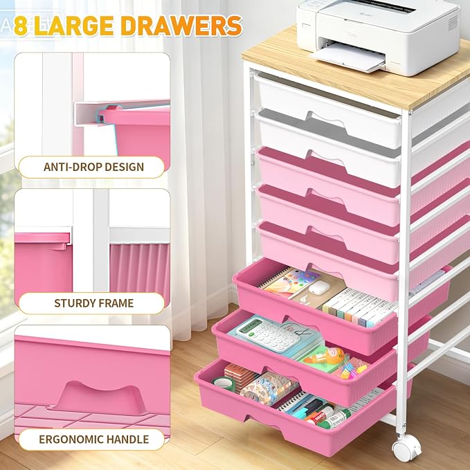 SUNALLY Rolling Cart With 8 Drawers, Storage Drawer Cart for Craft Art,Pink | Storage Utility Cart with Wooden Tabletop & 2 Lockable Wheels, Teacher Storage Cart for Classroom School Storage, Makeup,Nail