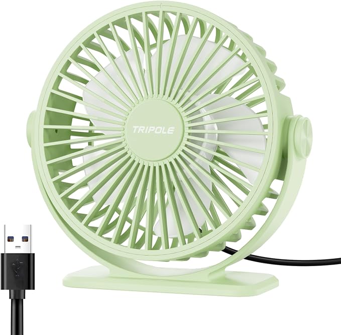 TriPole Desk Fan USB Powered Small Portable, 360°Rotation Mini Personal Fan | Green, 3 Speeds Plug In USB Fan, Desk Fans Small Quiet, 4.9ft Cable, Strong Breeze for Desktop Bedroom Office Table Travel