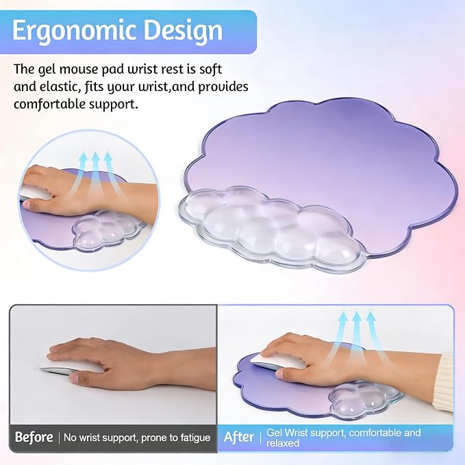 Purple Cloud Wrist Rest for Keyboard and Mouse - Soft Ergonomic Gel Mouse Pad for Easy Typing/Gaming/Computer/Laptop
