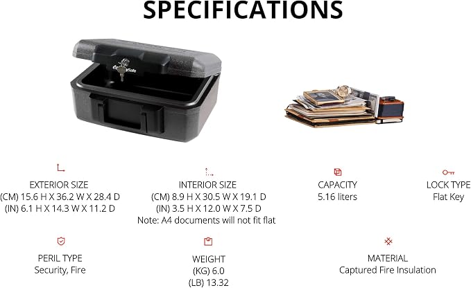 SentrySafe Fireproof Safe with Key Lock, Chest Lock Box for Home or Travel Secures Money, Documents, 0.18 Cubic Feet, 6.1 x 14.3 x 11.2 Inches, 1210