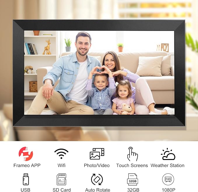 Digital Picture Frame 15.6 Inch Large Frameo Digital Photo Frame，32GB, 1920 * 1080 IPS HD Touch Screen, Electronic Picture Frame IPS Touch Screen with Auto-Rotate, Frameo Digital Frame WiFi(Black)