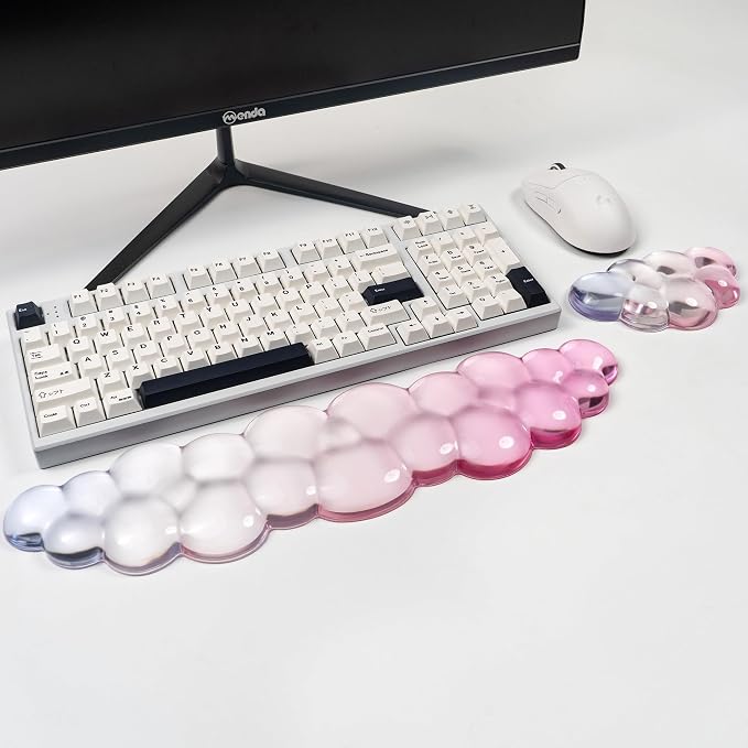 Ergonomic Cloud Silicone Gel Keyboard and Mouse Wrist Rest Set – Clear Wrist Rest for Computer Keyboard 60%/68%/75%, Comfort & Support for Typing and Gaming (Light Pink Blue)