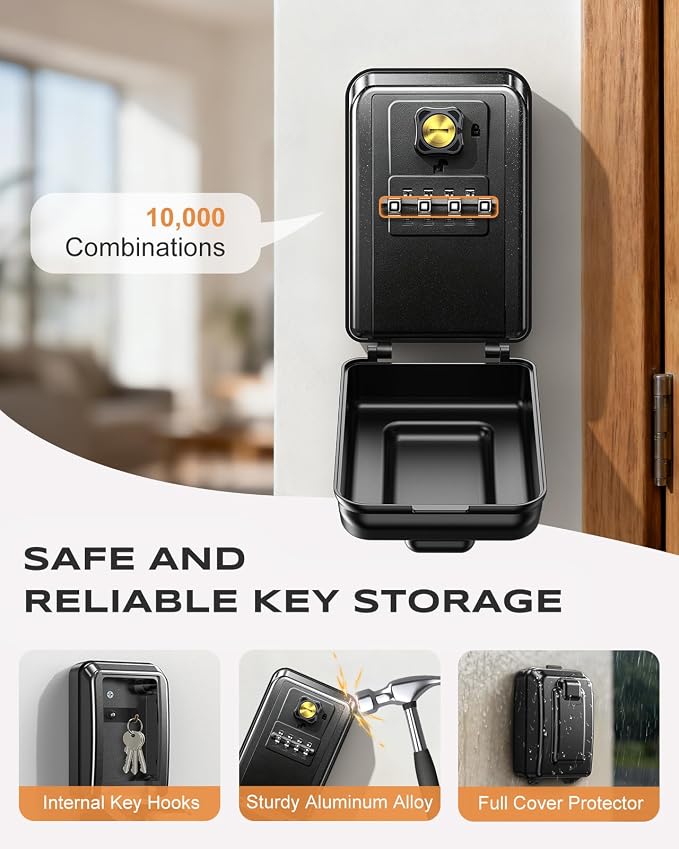 Wall-Mounted Lock Box for Keys with Code, Large Capacity 4 Digits Combination Key Lock Box with Resettable Spare Key, Weatherproof Key Safe Storage Lockbox for Home, Apartment, Office, Black