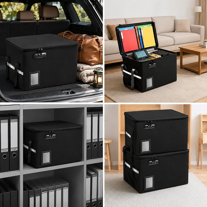 File Box with Lock 5200°F with Heat Insulated, Large Fireproof Box File Storage Organizer Anti-Static,Collapsible Fireproof Document Filing Box with Handle,Portable Home Office Safe