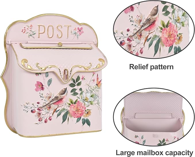 BIG FORTUNE Wall Mount Mailbox for House Outside Vintage Metal Door Mailbox Antique Style Nostalgic Charm Home Decor Garden Vintage English Cottage Decor Flower Patter (Pink)