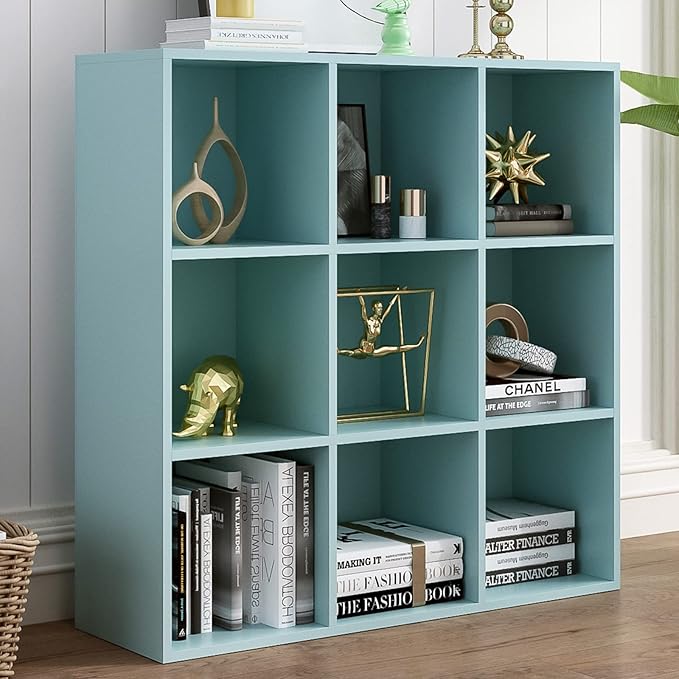 OSCHF 9-Cube Storage Shelf Bookcase - Wooden 3-Tier Floor Standing Open Bookshelf for Home and Office, Display Cabinet, Light Blue