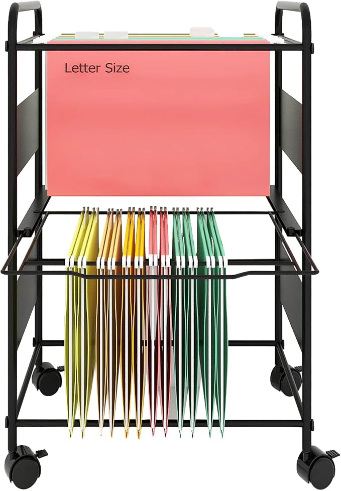 PUNCIA 2-Tier Metal File Cart with Wheels Pull-Out Rolling Folder Organizer | Black Mobile Hanging File Cabinet for Letter Documents Home Office Storage Easy to Move and Access