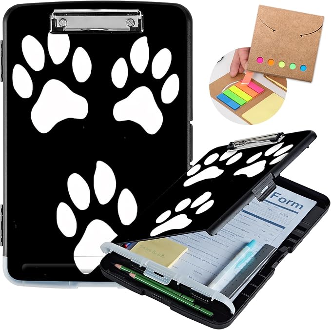 Clipboard with Storage,Storage Clipboard with Pen Holder,Heavy Duty Plastic Storage Clipboard with Low Profile Clip,Teacher Must Haves,Clipboard Folder,Office Supplies,Black White Dog Paw -1351