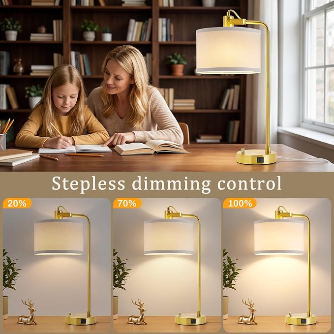 24‘’ Gold Table Lamp Set of 2 with USB A and C Ports, 180° Adjustable Stepless Dimming Bedside Lamps for Night Stands, E26 Bare Bulb Compatible, Industrial Nightstand Lamp, 9W LED Bulb Included