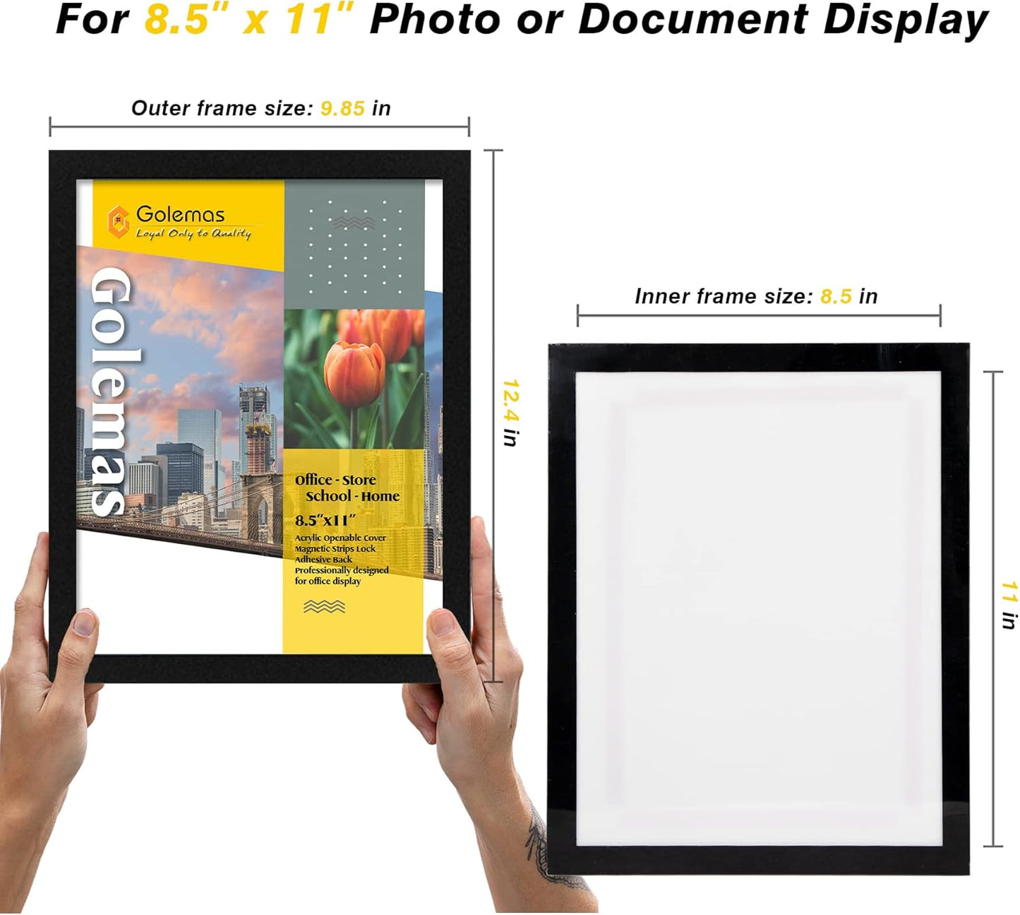 Acrylic Magnetic Sign Holder, Easy-Opening 8.5 x 11 Wall Mount Display Frames, Self Adhesive Back Plastic Clear Document Frame, Horizontal & Vertical Display (Black, 6Pack)