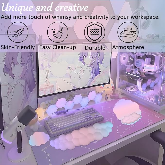 Cloud Keyboard Wrist Rest Mouse Pad with Wrist Rest for Computer Keyboard and Mouse Pad Set Memory Foam Cute Ergonomic Wrist Pad Support for Desk Gaming Home Office Pain Relief Pink Purple Blue