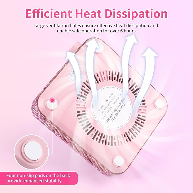 BQAN Portable Nail Dust Collector with 4200RPM Fan Pink Rhinestones | 10pcs Filter Papers Include & Nail Brush | Strong Suction | Adjustable Speed | For Acrylic & Gel | Professional & Home Use