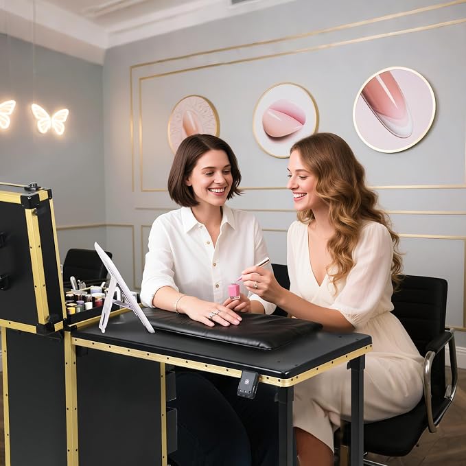 Rolling Portable Manicure Table with 3 Drawers, Lockable Makeup Train Case with Detachable Mirror, Foldable Nail Desk with Wheels & Handle, Mesa de Uñas Profesional para Nail Techs & Salon Use, Gloden