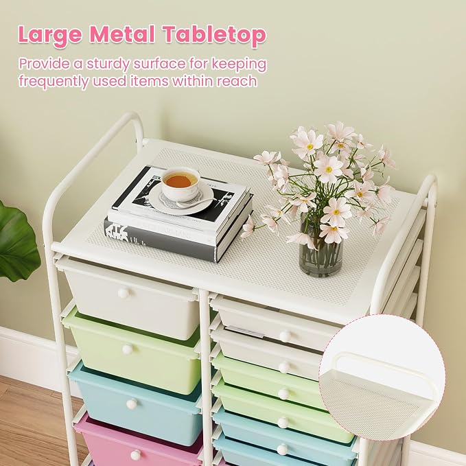15 Drawer Rolling Storage Cart, Rolling Cart with Drawers for Classroom, Art Supply Craft Organizer on Wheel with Metal Frame & Handles for Home Office School (Ice cream color, 15 Drawer)