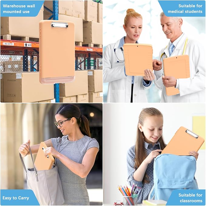 Hongri Clipboard with Storage with Pencil Case, 8.5 x 11 Storage Clip Board | High Capacity Organization Box for A4 Letter Legal Paper, Heavy Duty Folio & Side-Opening for Nurses, Teachers, Light Orange