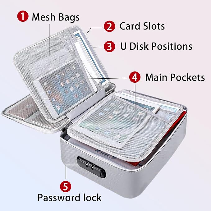 Fireproof Bag with Lock, Waterproof Fireproof Document Organizer for Safe Storage – Large Capacity File Storage Case for Home, Office, and Travel (grey)