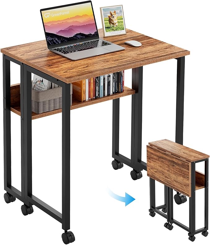 GreenForest Folding Desk with Wheels, 24.8" Rolling Table for Small Spaces | Storage Shelf, Lockable Casters, Compact Portable Workstation, Space-Saving Foldable Sofa Table, Home Office, Mobile, Walnut