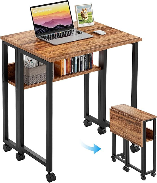 GreenForest Folding Desk with Wheels, 24.8" Rolling Table for Small Spaces | Storage Shelf, Lockable Casters, Compact Portable Workstation, Space-Saving Foldable Sofa Table, Home Office, Mobile, Walnut