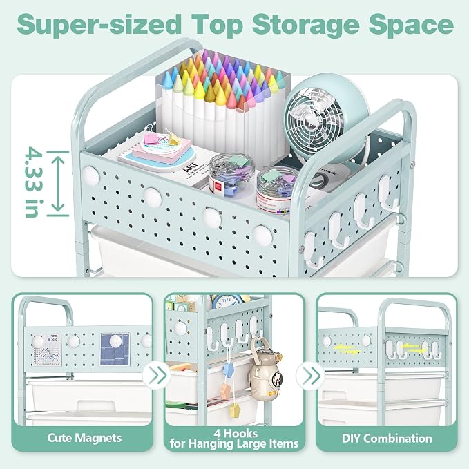 5 Drawer Rolling Storage Cart with Pegboard Top and Hooks, Green | Mobile Utility Organizer with Wheels for Office Supplies, Craft Storage, Classroom Organization, Home Storage Cart