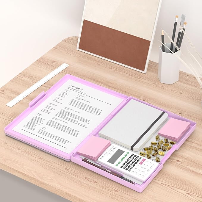 Rimilak Clipboard with Storage,8.5x11 2 Compartment Clip Board, Rose Pink | Smooth Writing, Side-Opening Plastic Folder with Pen Holder, Size 13.3 x 9.4 x 1.5″,for Classroom, Teacher, Student