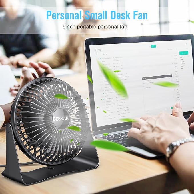 BESKAR USB Small Desk Fan, Portable Table Fans with 3 Speeds Strong Airflow | Quiet Operation and 360° Rotate, Personal Cooling Fan for Home, Office, Bedroom, 3.9 ft Cord