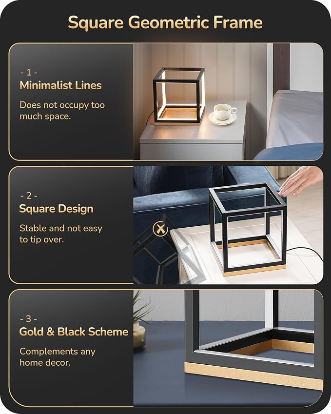 EDISHINE Modern LED Table Lamp, Minimalist Bedside Lamp for Living Room | Solid Wood Base, 3 Way Dimmable, 3000K/4500K/6000K, 470LM, Black Gold Square Geometric for Bedroom, Office
