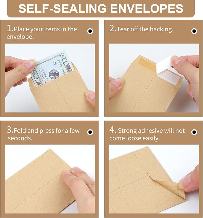 Joyberg 120 PCS Money Envelopes for Cash Kraft Paper, 6.5”x3.2” Small Cash Envelopes for Self-Adhesive, Money Saving Challenge Coin Envelopes for Coin, Check, Budget, Small Item Organizer