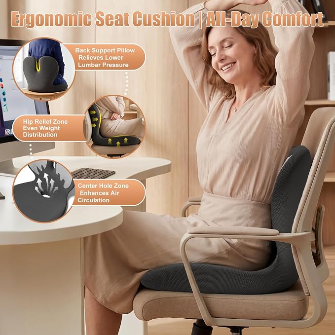 Thick Car Seat Cushion with Lumbar Support for Long Driving, Ergonomic Memory Foam Office Chair Cushion for Sciatica, Tailbone & Lower Back Relief, Ideal Gift for Drivers & Office Workers (White)