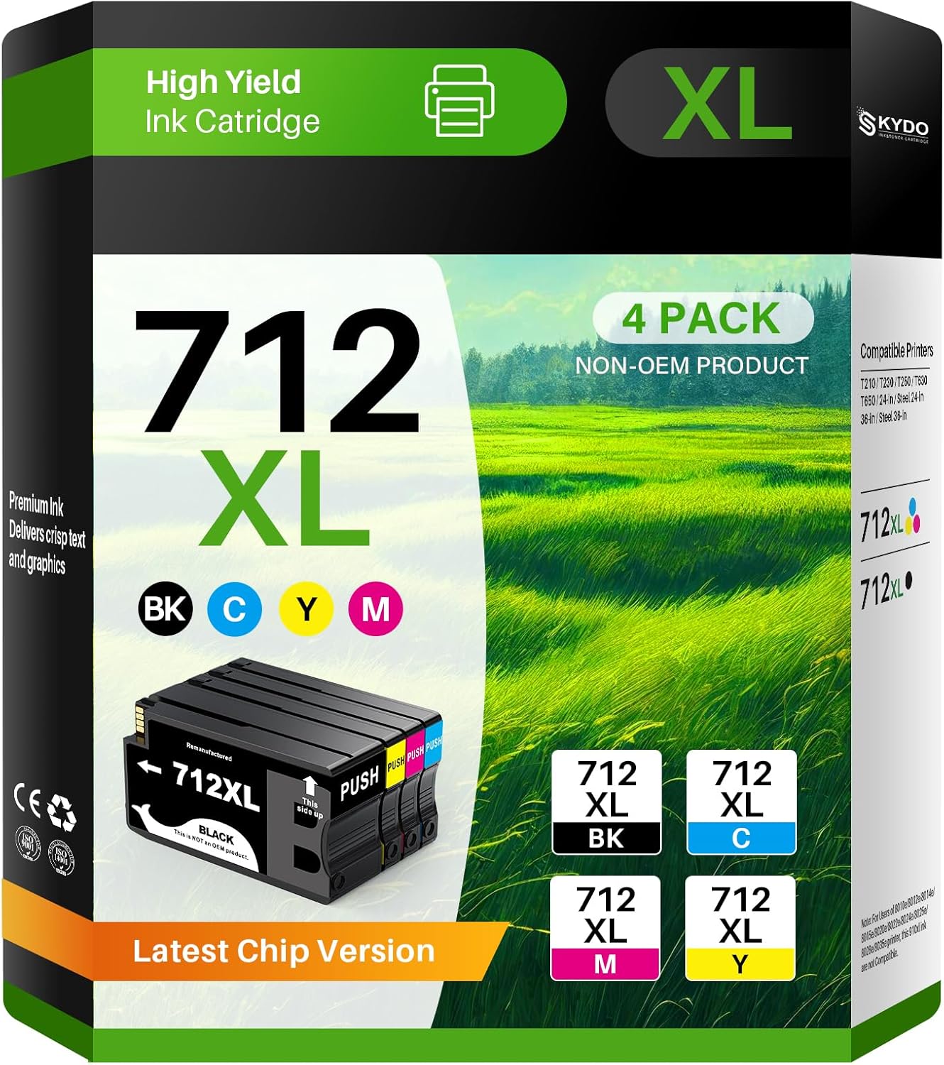 712XL 712 Ink Cartridge Remanufactured Combo 4 Pack Replacement for HP 712XL 712 712 XL Ink Cartridge to Use for DesignJet T650 T250 T230 T630 T210 Studio Plotter Printer (BK/C/M/Y, 4 Pack)