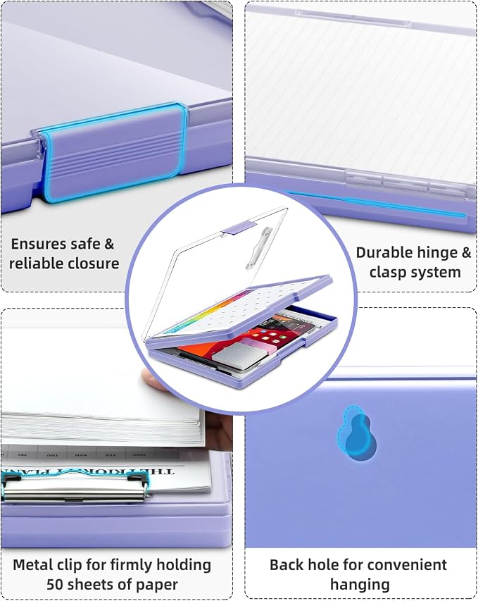 Clearview Clipboard with 2 Storage, Dry Erase 8.5x11 Heavy Duty ClipBoards - High Capacity Coaches Clip Board with Pen Holder - Side Opening Plastic Nursing Clip Case (Light Purple)