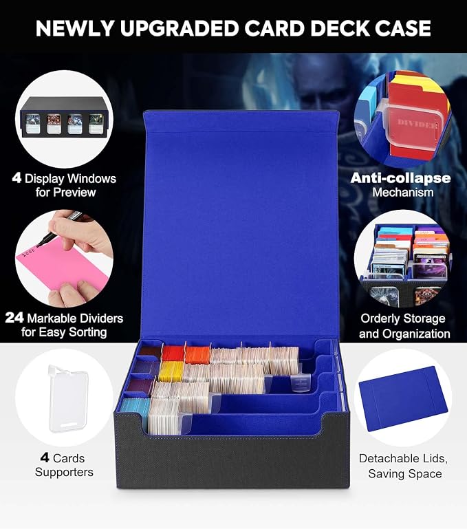 MoKo Card Storage Box for Trading Cards, 3000+ MTG Deck Box with 24 Colorful Dividers & 4 Card Supporters, Commander Card Deck Case with Display Window, Fits for Magic Game Cards, YugiOh, Black Blue