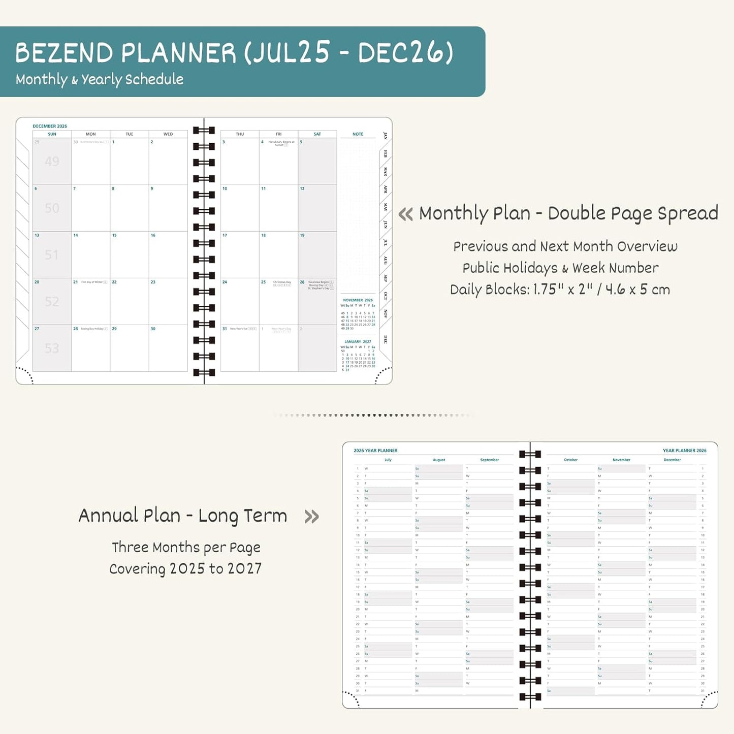 BEZEND Planner 2025-2026 Weekly and Monthly, 8.5" x 11" Academic Calendar (Jul 25-Dec 26) Vertical Daily Appointment with Hourly Timeslot & Monthly Tab, Spiral, PU Leather Softcover - Mint Green
