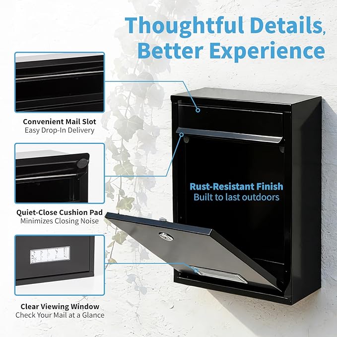 RAINHOL Wall Mount Mailboxes for Outside with Key Lock, Galvanized Steel Locking Mailbox, Waterproof Secure Mail Drop Box, Medium Capacity, 12.6 x 8.5 x 3.3 Inches, Black