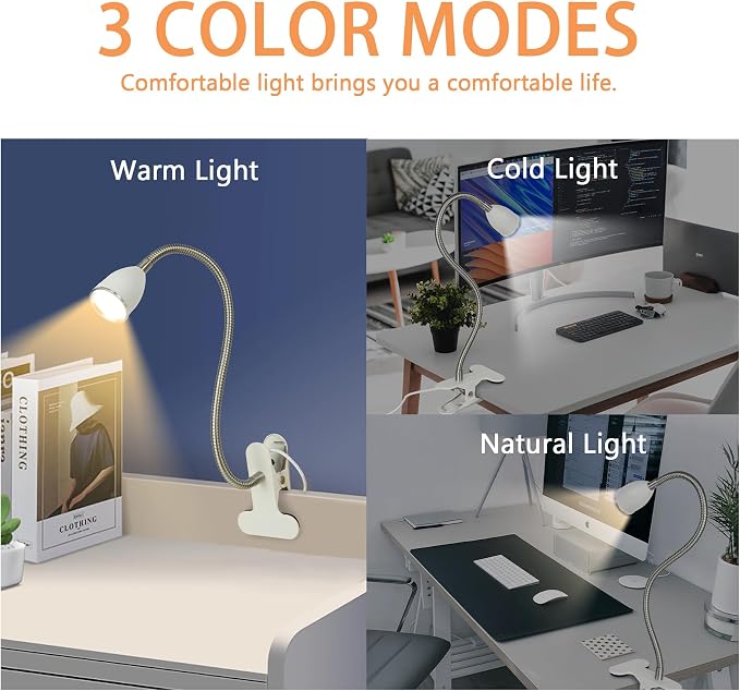 Desk lamp Eye-Caring Table Lamps, 360°Rotation Gooseneck Clip on Lamp Reading Light, Portable Reading Book Light, Clamp Light, Study Desk Lamps for Bedroom and Office Home Lighting (White with Dimme)
