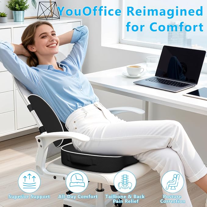 SweetSlubr Memory Foam Seat Cushion & Lumbar Support Pillow Set Black Large | U-shaped Cushion Design, Washable Mesh Cover, Adjustable Straps, Non-slip Base, Office Chair and Car Seat Use