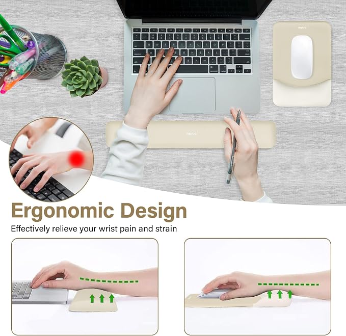 MOSISO Wrist Rest Support Mouse Pad & Keyboard Set, Khaki | Rectangular Ergonomic Mousepad, Non-Slip Base, Home/Office Pain Relief & Easy Typing, Neoprene Cloth & Raised Silicone Lining